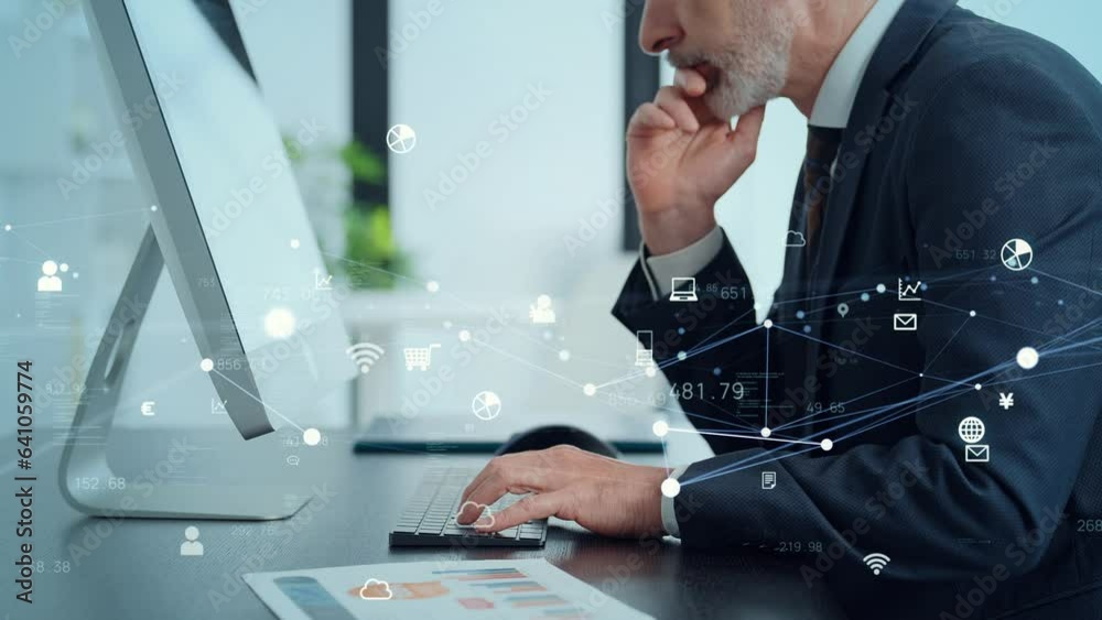Aufkleber Middle aged businessman working in office and communication network concept. Cloud computing. Smart office.