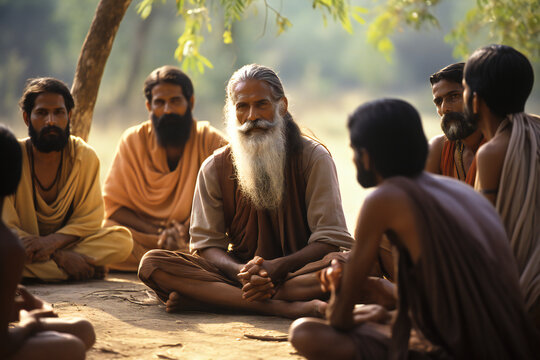 Old indian guru surrounded by his disciples