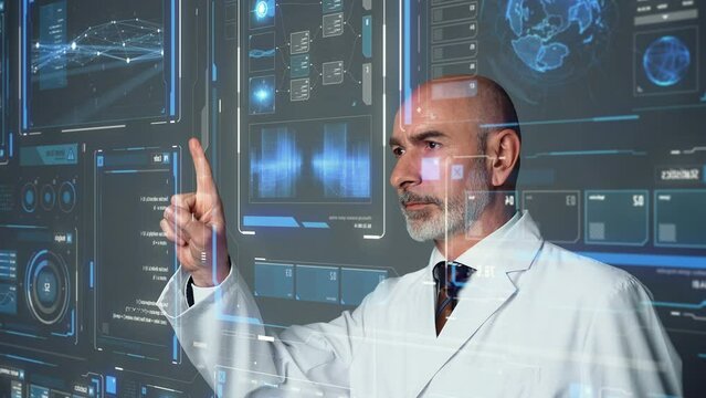 Middle aged doctor watching futuristic graphical user interface.