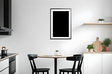 Black poster mockup on wall with cabinet, plants and dining table. Kitchen room design