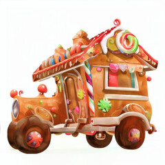 Watercolor illustration of a sweet gingerbread vehicle decorated with candy