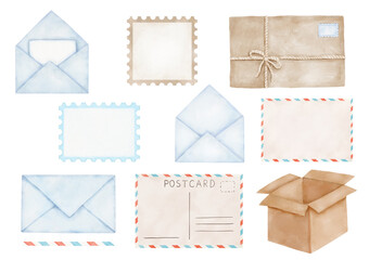 Set of open and closed envelopes, stamp and parcel, watercolor post illustrations isolated on white background