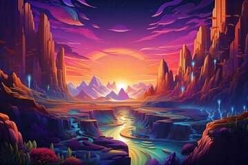 Imaginary Landscapes depict breathtaking vistas that exist realms of creativity. Whimsical terrains, vibrant colors, surreal elements,Generated with AI - obrazy, fototapety, plakaty