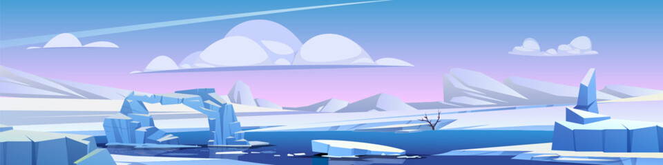 Naklejka na ściany i meble Winter river landscape with ice floes on water surface. Vector cartoon illustration of nordic nature background, arch of white stones, blue and pink sky with clouds, north pole land covered with snow