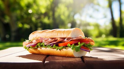 A classic sub sandwich with assorted deli meats and fresh vegetables, placed on a wooden picnic table, with a blurred park scene in the background. AI generated. - obrazy, fototapety, plakaty