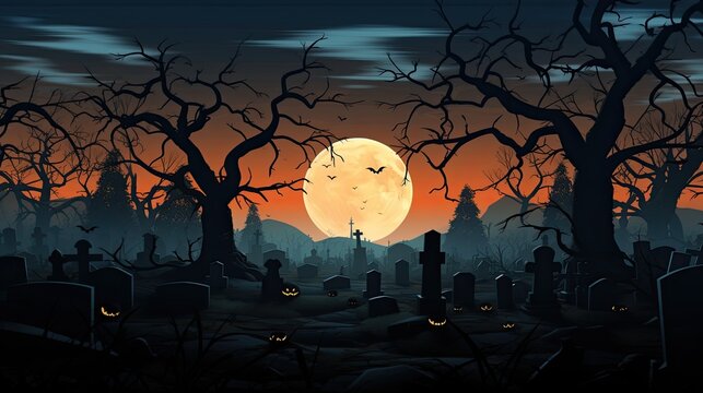 Scary graveyard silhouette against a misty moonlit sky for Halloween designs. A spooky and eerie backdrop for your projects.