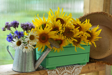 Beautiful still life with sunflowers in wooden box and wildflowers in watering can. Romantic greeting card for birthday, Valentines, Mothers Day concept. 