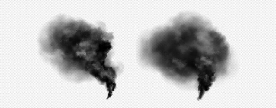 Black cloud smoke and ash swirl transparent isolated vector. Smog explosion tornado trail effect. Abstract realistic dark grey fog movement in atmosphere. 3d destruction fume or storm motion element