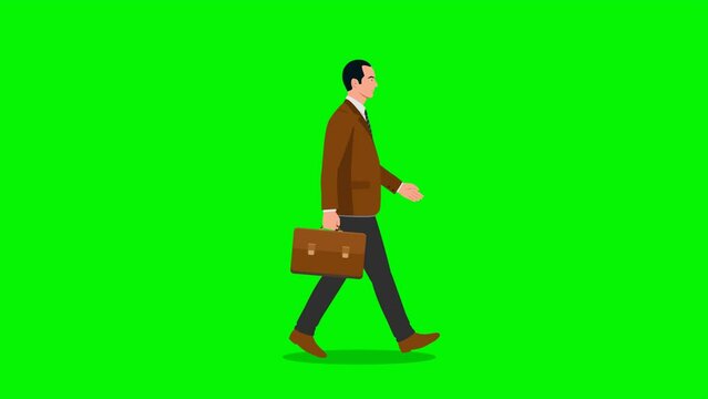 Side view of businessman with briefcase walking. Cartoon people animation