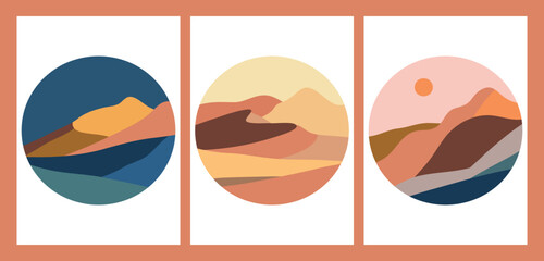 Set of mountains landscape illustration. Round icon. creative minimalist hand painted illustrations of Mid century modern art with Ocean, hills, wave