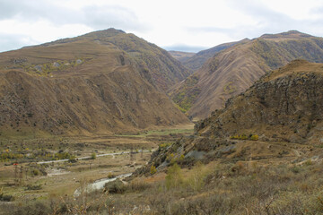 Panoramic view of Baksan gorge in the Caucasus in Kabardino-Balkaria, Russia