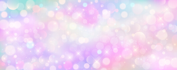 Purple unicorn background. Pastel watercolor sky with glitter stars and bokeh. Fantasy galaxy with holographic texture. Magic marble space. Vector