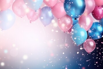 Colorful balloons background with bokeh defocused lights and stars, Celebratory background with pink and blue balloons, confetti, sparkles, lights, AI Generated