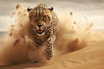 Cheetah in the desert. 3D illustration. Copy space. Cheetah in a sand storm. 3d render illustration, AI Generated
