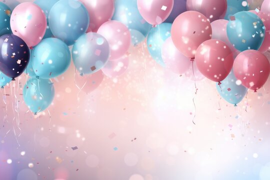Colorful balloons with confetti and ribbons on bokeh background, Celebratory background with pink and blue balloons, confetti, sparkles, lights, AI Generated