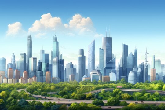 City landscape with highway and skyscrapers in the background illustration. CBD skyline full city view and tall financial buildings in Beijing, China. white background, AI Generated