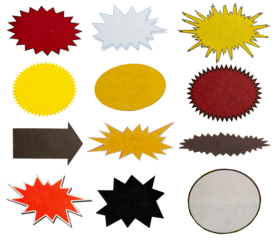 Collection of price, discount, offer vintage label, cutout from vintage magazine, blank design, postage stamps, mail and letters, png isolated on transparent background