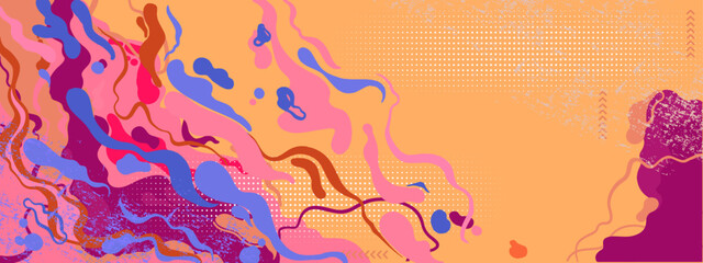 Abstract retro liquid banner with grunge texture, brushstroke and halftone style.