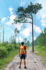 traveler man hiking enjoying in the mountains with backpack at Phu Kradueng national park, Loei Thailand, beautiful landscape