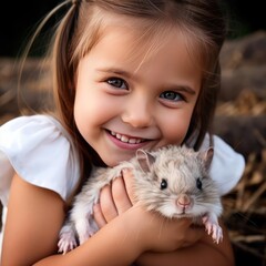 Little smiling girl holding a hamster