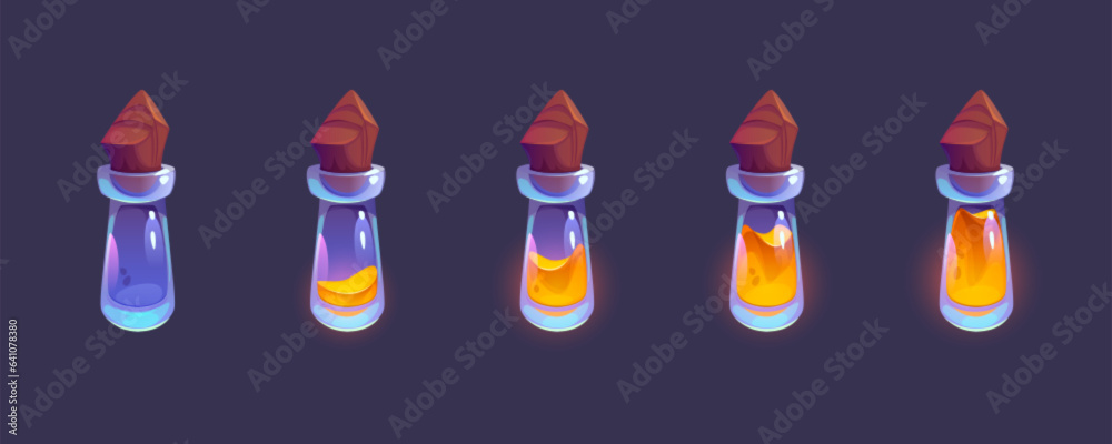Aufkleber elixir in flask with wooden cork - animation sequence of filling glass bottle with potion from empty