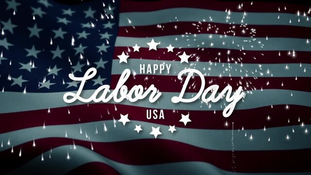 Happy Labor Day lettering text Animation with star shape, fireworks and American flag waving.