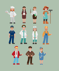 Naklejka premium 10 professions in a flat style. Teacher, doctor, politician, policeman, cook, stewardess, artist, builder, nurse, reporter, gardener. Vector illustration