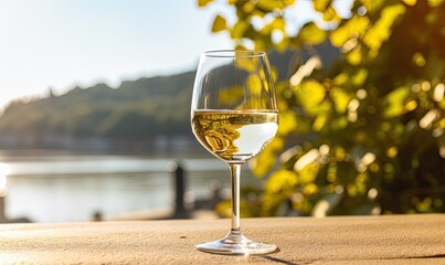 Photo of a refreshing glass of wine by the water's edge