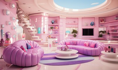 Photo of a vibrant and stylish living room filled with pink furniture and decor
