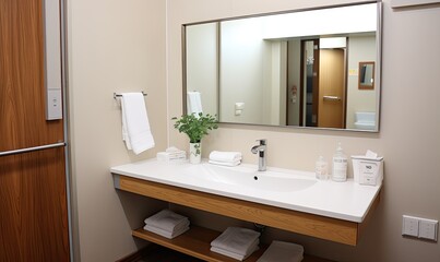 Fototapeta na wymiar Photo of a modern bathroom with a spacious mirror and sleek sink design
