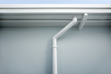 Rain gutter install on steel structure, connect to pvc downpipe or downspout, elbow at eaves,...