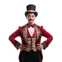 Halloween costumes -  Front view mid shot of Asian man dressed as circus isolated on white transparent background