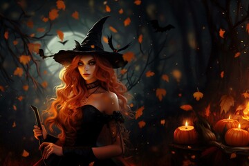 Magical illustration: a beautiful red-haired sorceress stands amidst an autumn forest at night, illuminated by ethereal lights. The portrait of witch, the enchanting essence of Halloween magic - obrazy, fototapety, plakaty