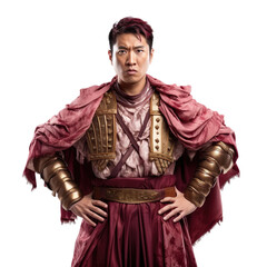 Halloween costumes -  Front view mid shot of Asian man dressed as roman isolated on white transparent background
