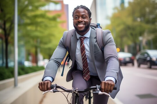 Cycling commuter - a young African American man riding a bicycle on a road in a city street. Blurry urban background.