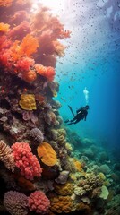 Naklejka na ściany i meble Divers enjoy the colorful soft coral reefs underwater