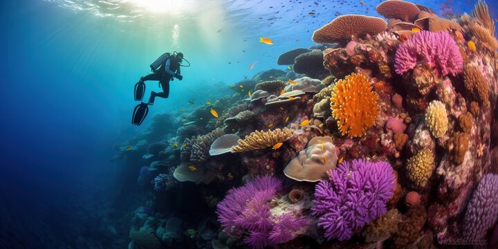 Divers enjoy the colorful soft coral reefs underwater