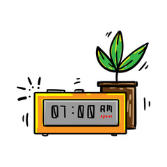 Colorful Hand Drawn Digital Alarm Clock With Plantation