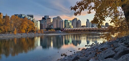 Fall Sunset in Calgary Downtown Canada.