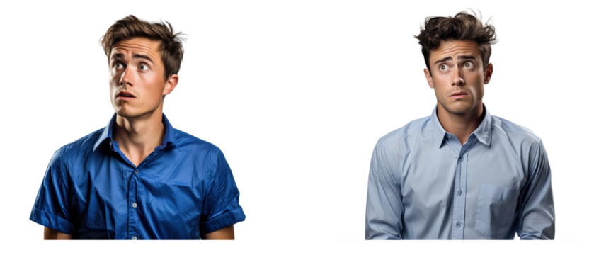 confused looking man in a blue shirt on transparent backgrounds . Generative AI - Powered by Adobe
