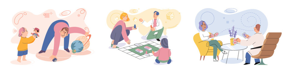 Game together. Family fun. Friendship time. Vector illustration. People playing games together experience moments of pure joy and excitement Family time spent playing games investment in lifelong
