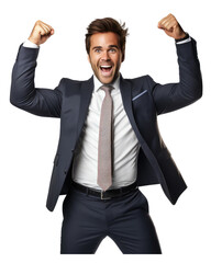 man celebrating with arms raised suit business man on transparent backgrounds . Generative AI