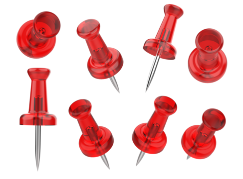 Set of push pins in different angles. Png transparency