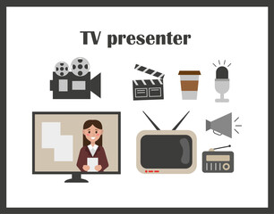 A set of illustrations. Equipment for a reporter. Vector illustration in flat