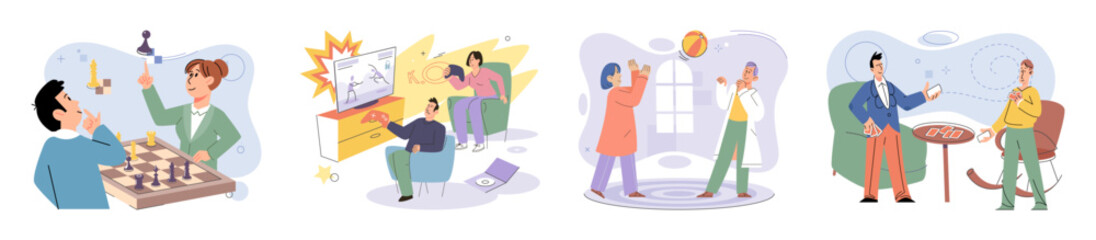 Game together. Family fun. Friendship time. Vector illustration. Playing games together great way to bond as family and have fun The characters in game came alive with each players unique strategies