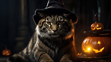 a photograph of tiger use witch hat for halloween celebration generative ai