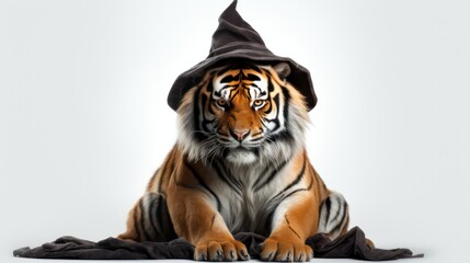 a photograph of tiger use witch hat for halloween celebration generative ai