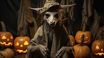 a photograph of kangaroo use witch hat for halloween celebration generative ai