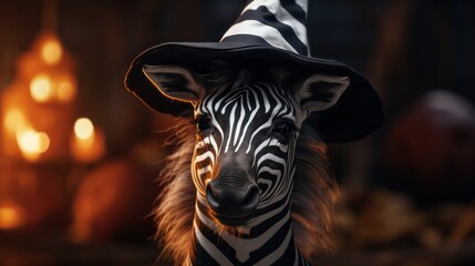 Fototapeta na wymiar a photograph of cute zebra use witch hat for halloween celebration generative ai