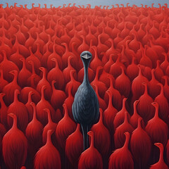 Illustration of a flock of red storks on a red background. AI Generative
